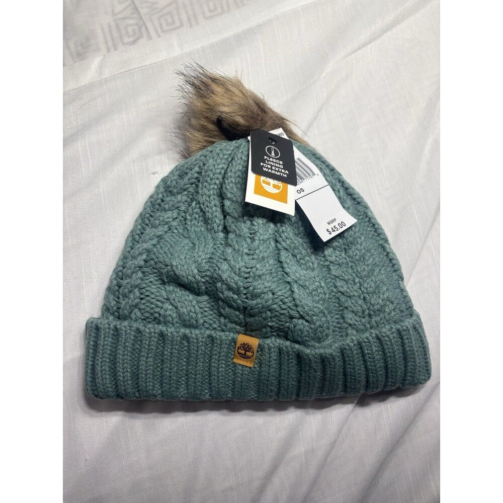 Timberland Women's Cable Knit Pom Beanie Green Fleece Lined Winter Hat OS NWT